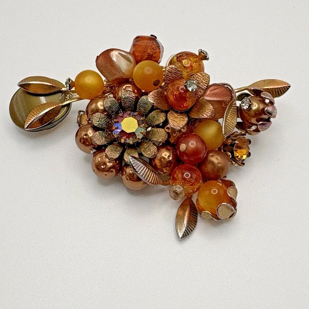 Vintage Brooch Flower AB Artglass Honey Bronze Thermoset Rhinestone MCM